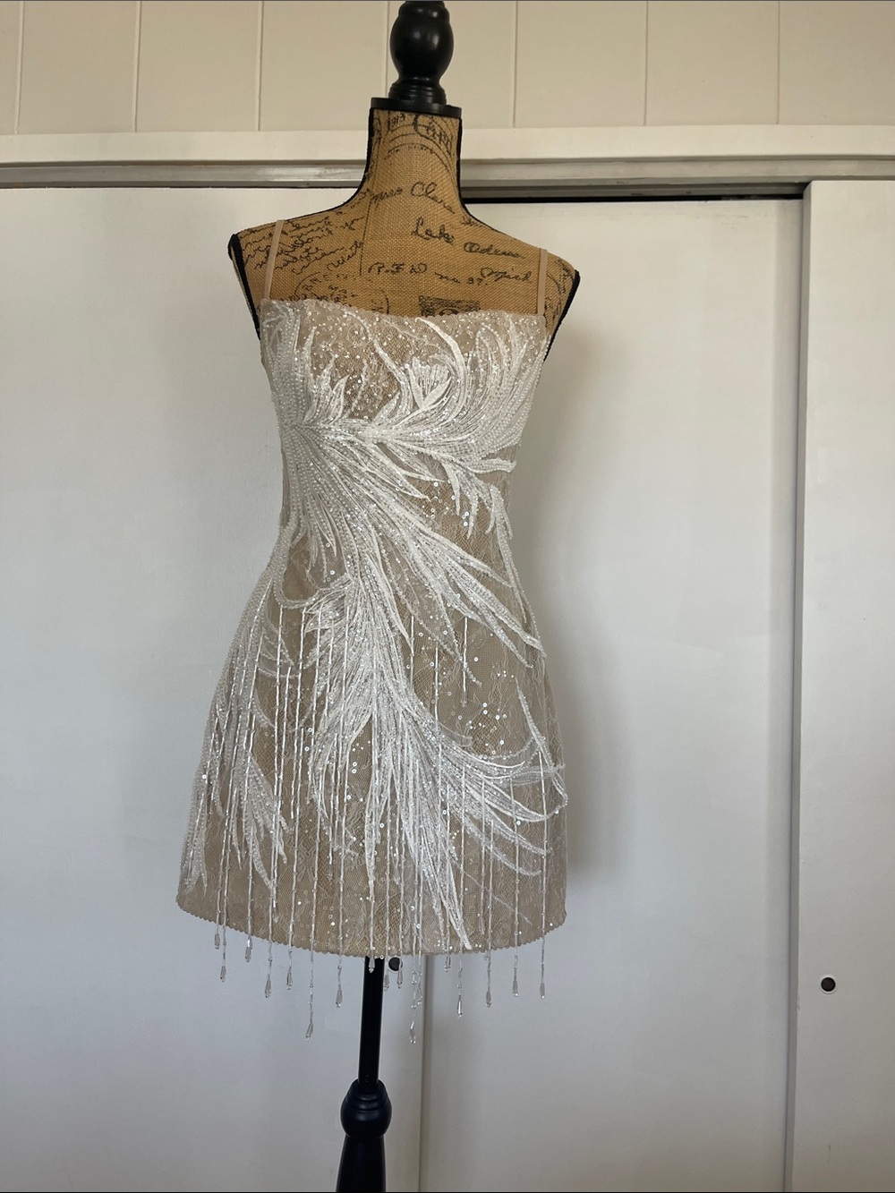 White Beaded Feather-Embellished Mini Dress